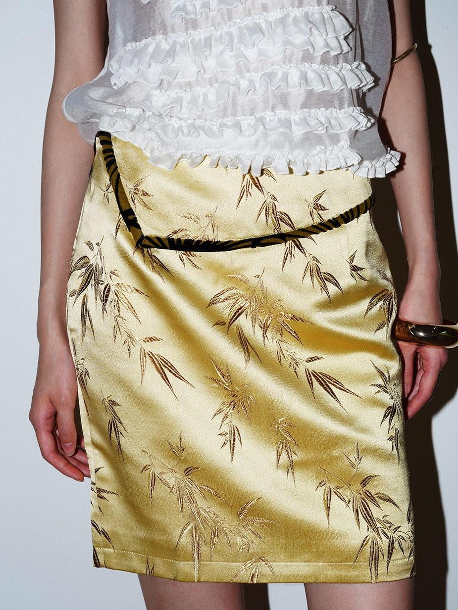 badtaste Bamboo Leaf Jacquard Retro New Chinese Style Women's Champagne Gold Mini Skirts