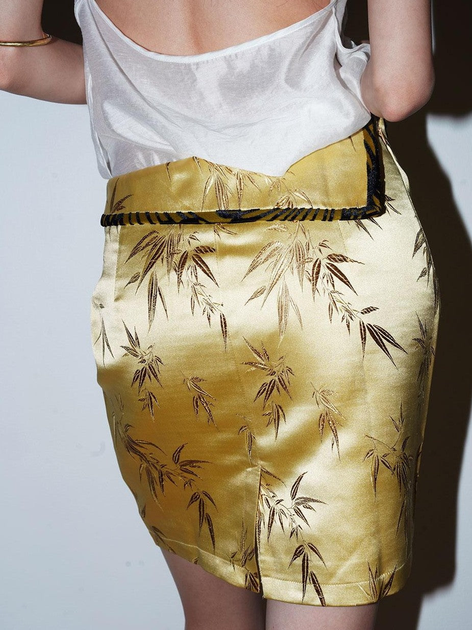 badtaste Bamboo Leaf Jacquard Retro New Chinese Style Women's Champagne Gold Mini Skirts