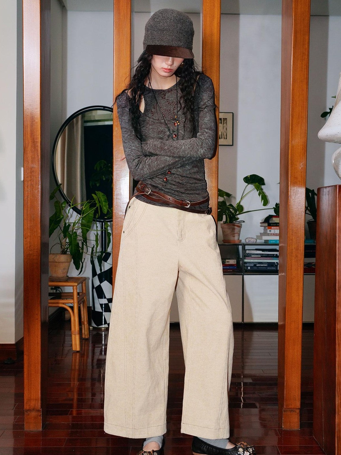 badtaste Beige Ribbed Corduroy Vintage Women's Linen Cotton Wide-leg Pants