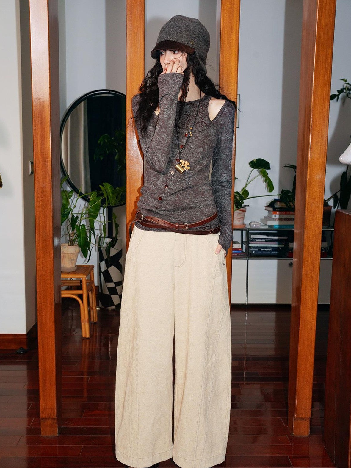 badtaste Beige Ribbed Corduroy Vintage Women's Linen Cotton Wide-leg Pants