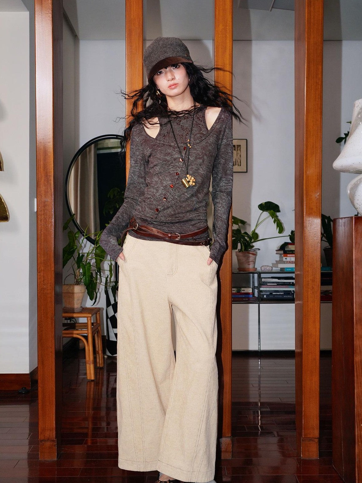 badtaste Beige Ribbed Corduroy Vintage Women's Linen Cotton Wide-leg Pants