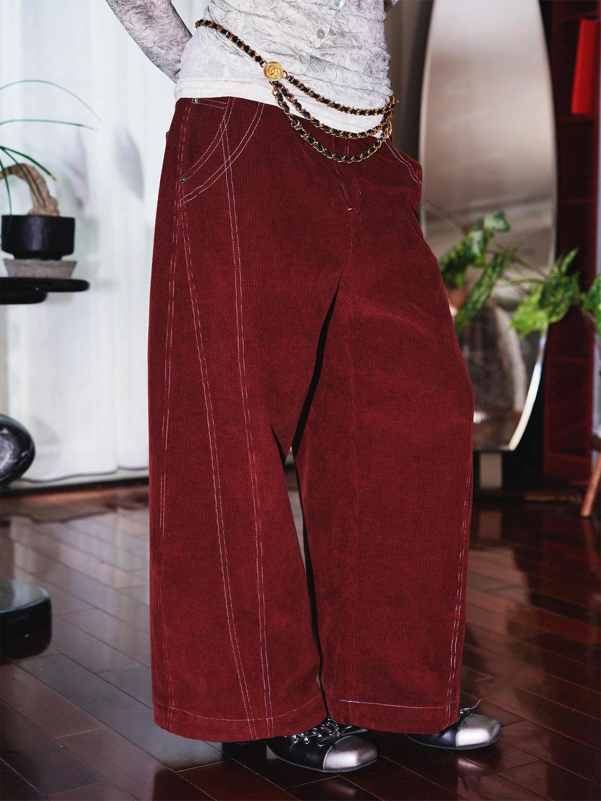 badtaste Beige Ribbed Corduroy Vintage Women's Linen Cotton Wide-leg Pants