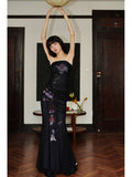 badtaste_Black_Modern_Chinese_Printed_Fitted_Women's_Mesh_Strapless_Maxi_Dresses_723305555771_MISSTT