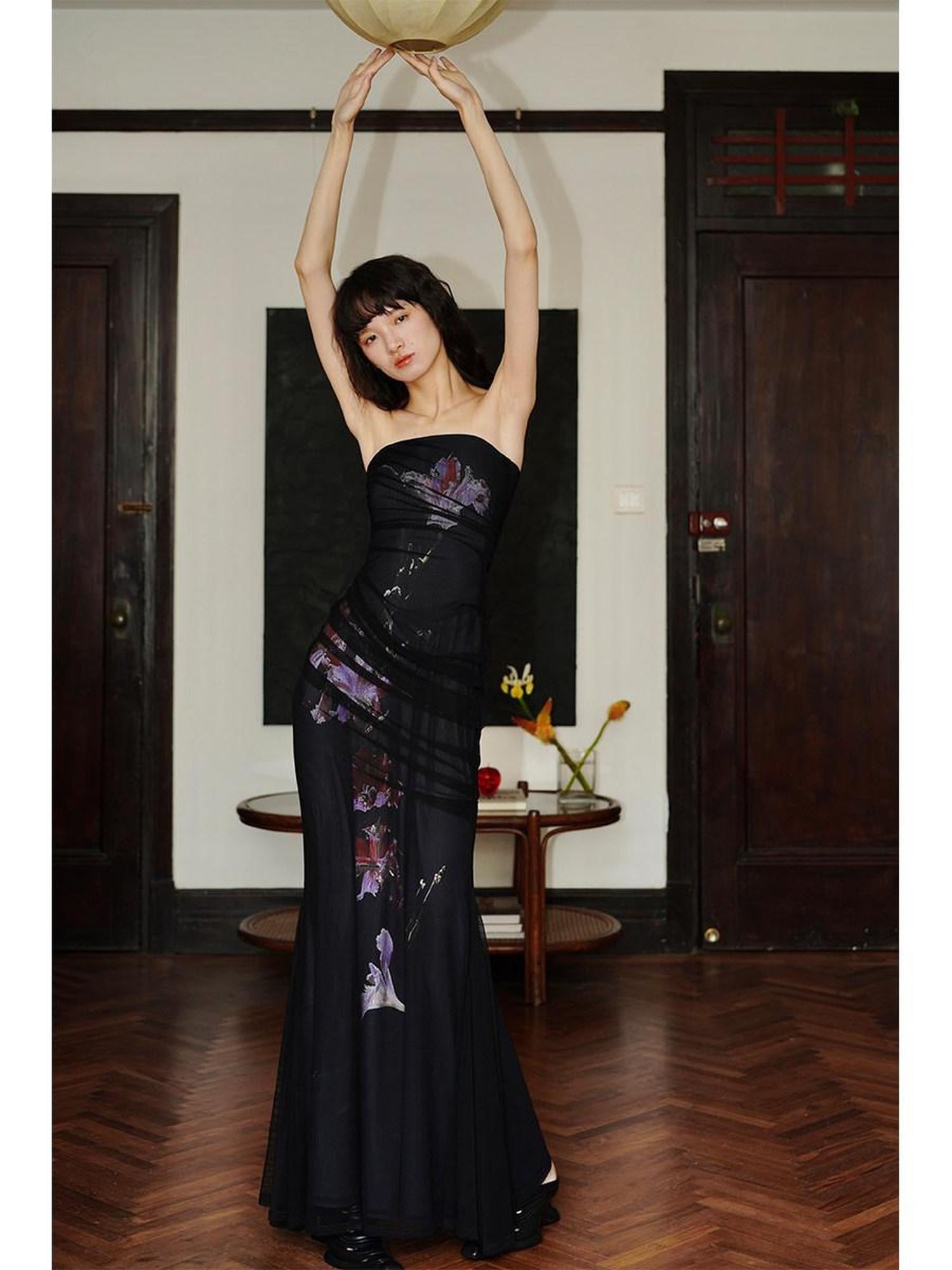 badtaste Black Modern Chinese Printed Fitted Women's Mesh Strapless Maxi Dresses