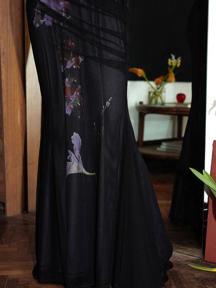 badtaste Black Modern Chinese Printed Fitted Women's Mesh Strapless Maxi Dresses