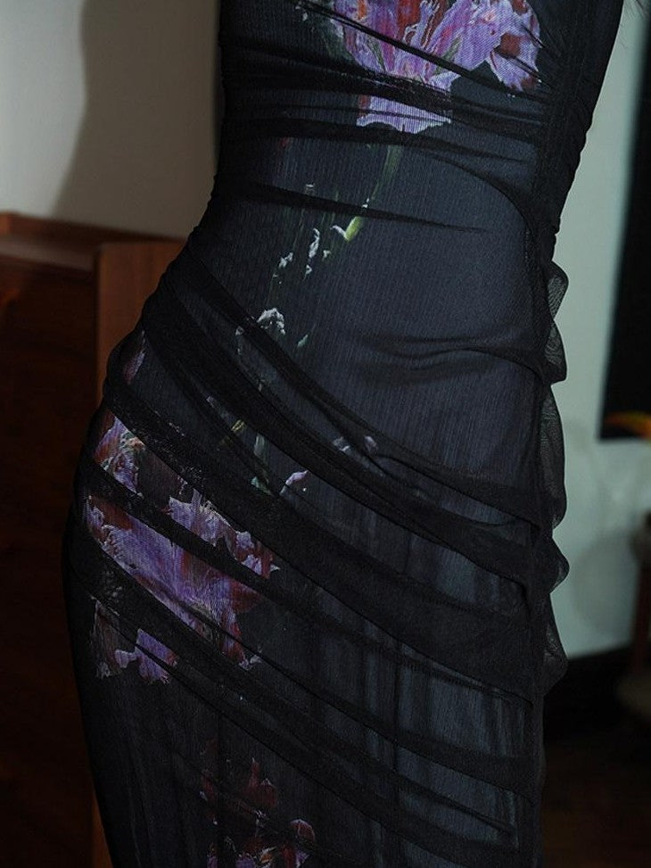 badtaste Black Modern Chinese Printed Fitted Women's Mesh Strapless Maxi Dresses