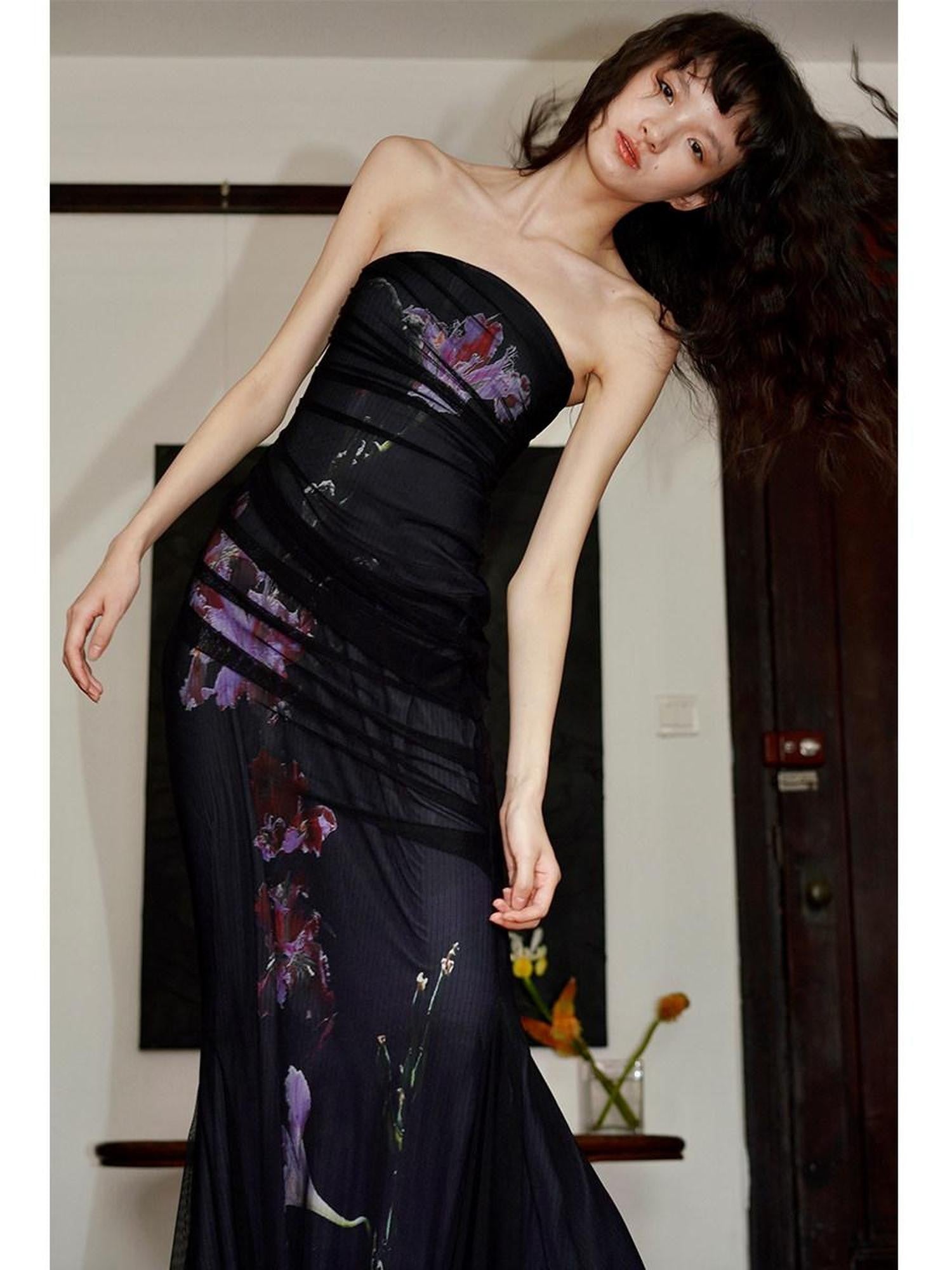 badtaste Black Modern Chinese Printed Fitted Women's Mesh Strapless Maxi Dresses