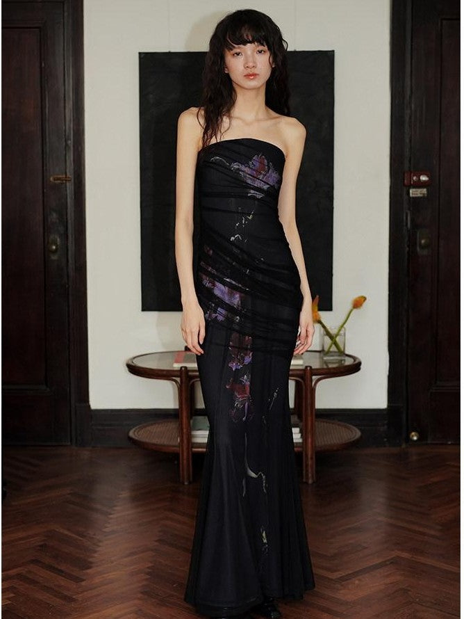 badtaste Black Modern Chinese Printed Fitted Women's Mesh Strapless Maxi Dresses