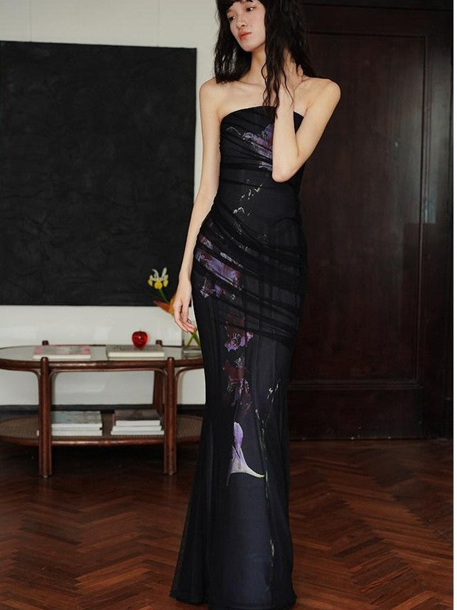 badtaste Black Modern Chinese Printed Fitted Women's Mesh Strapless Maxi Dresses