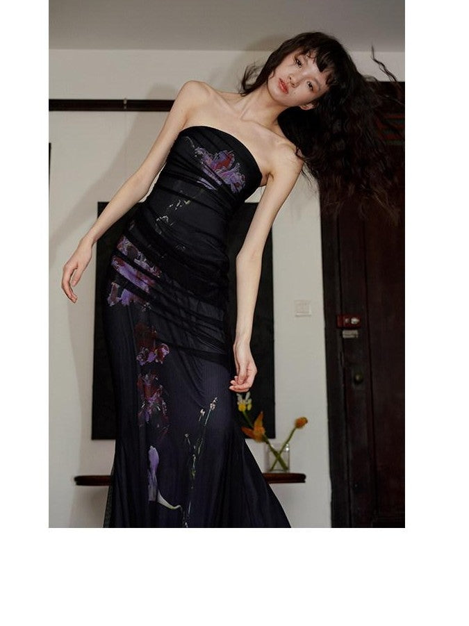 badtaste Black Modern Chinese Printed Fitted Women's Mesh Strapless Maxi Dresses