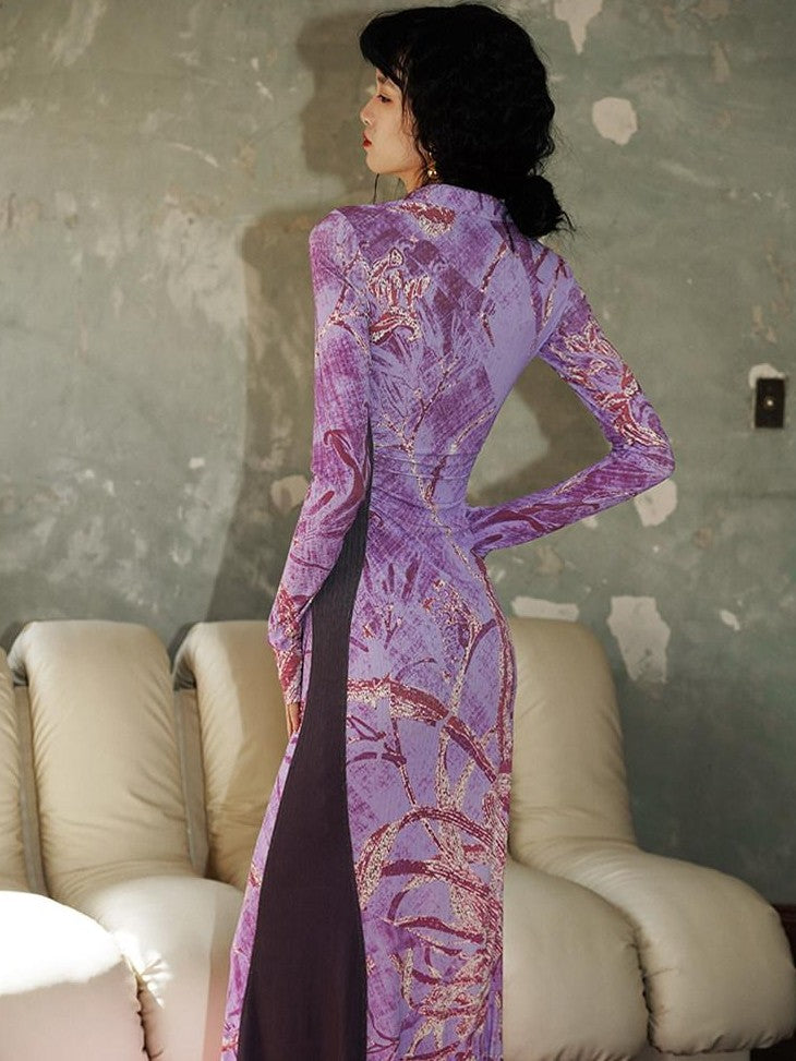 badtaste Black New Chinese Vintage Print Patchwork Women's Bodycon Maxi Dresses