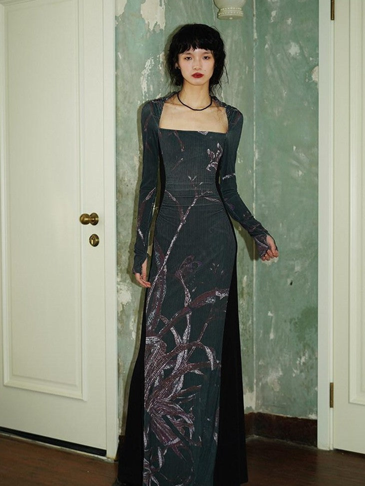 badtaste Black New Chinese Vintage Print Patchwork Women's Bodycon Maxi Dresses