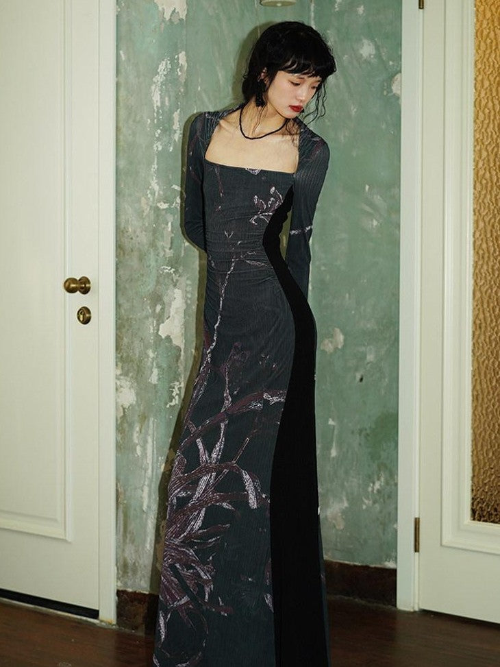 badtaste Black New Chinese Vintage Print Patchwork Women's Bodycon Maxi Dresses