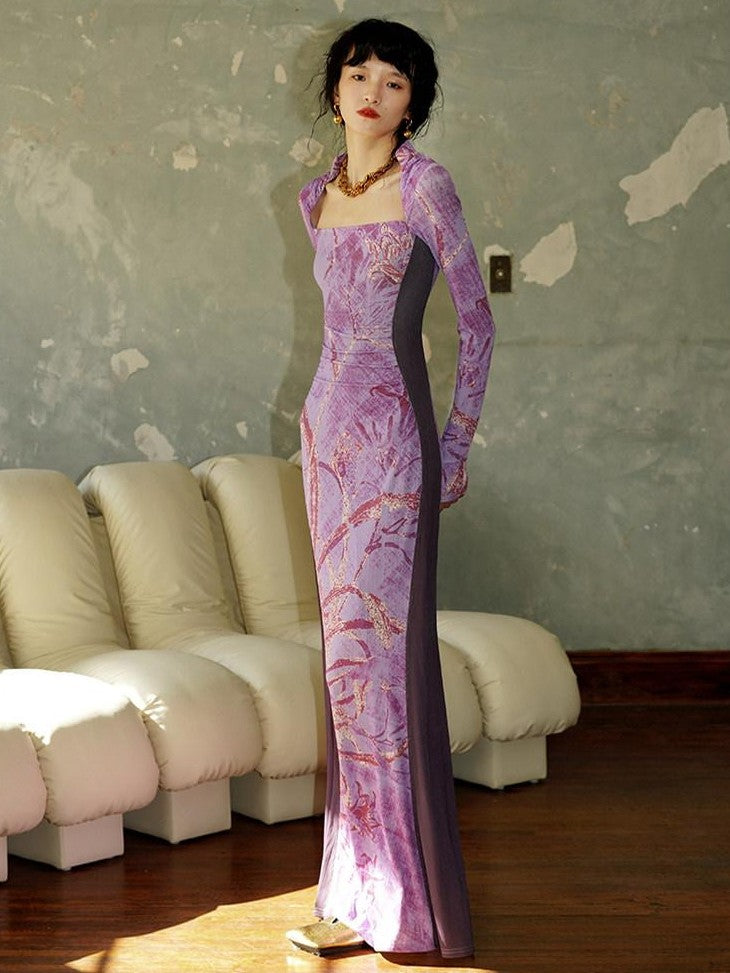 badtaste Black New Chinese Vintage Print Patchwork Women's Bodycon Maxi Dresses