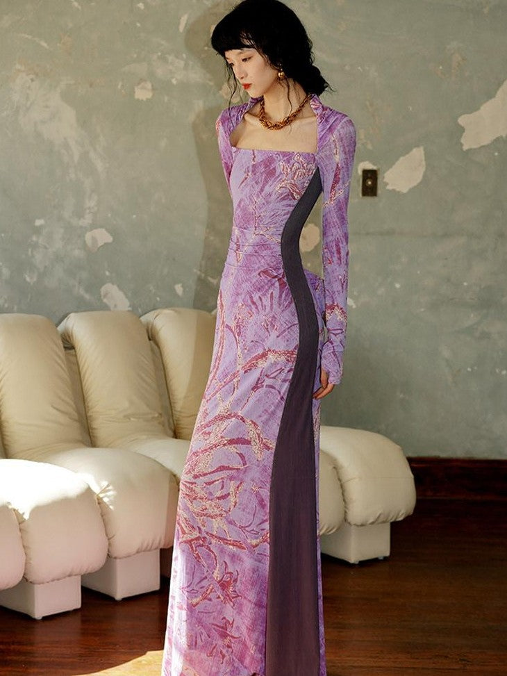 badtaste Black New Chinese Vintage Print Patchwork Women's Bodycon Maxi Dresses