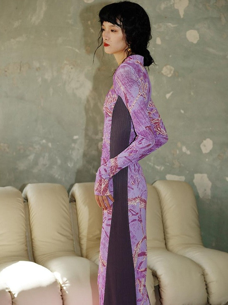 badtaste Black New Chinese Vintage Print Patchwork Women's Bodycon Maxi Dresses