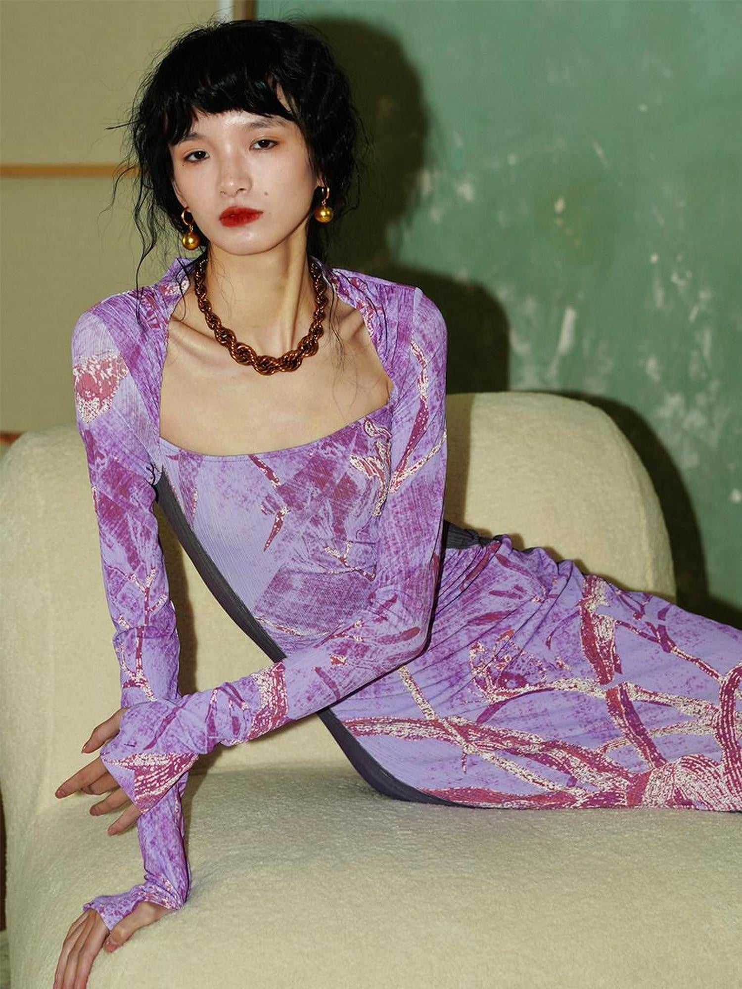 badtaste Black New Chinese Vintage Print Patchwork Women's Bodycon Maxi Dresses