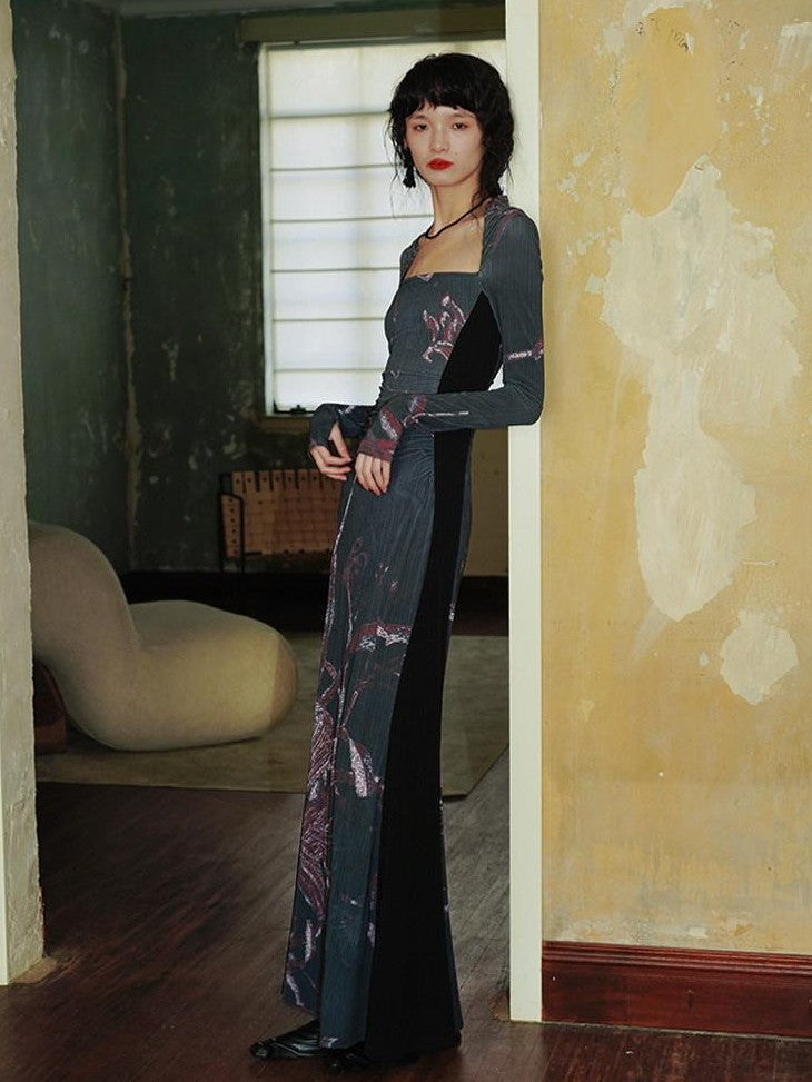 badtaste Black New Chinese Vintage Print Patchwork Women's Bodycon Maxi Dresses