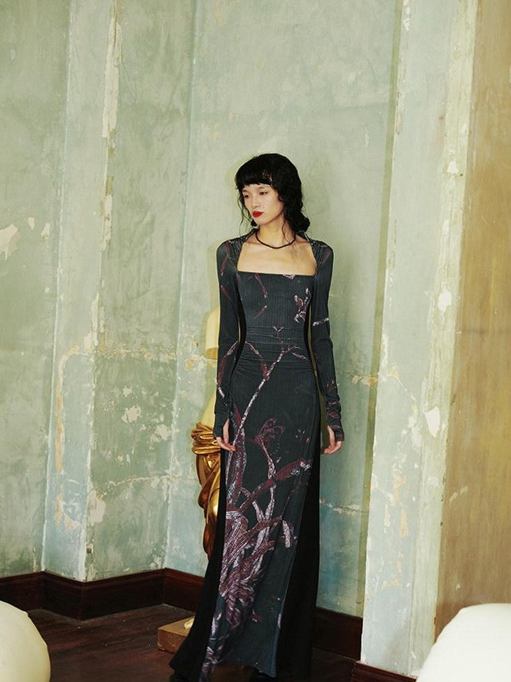 badtaste Black New Chinese Vintage Print Patchwork Women's Bodycon Maxi Dresses