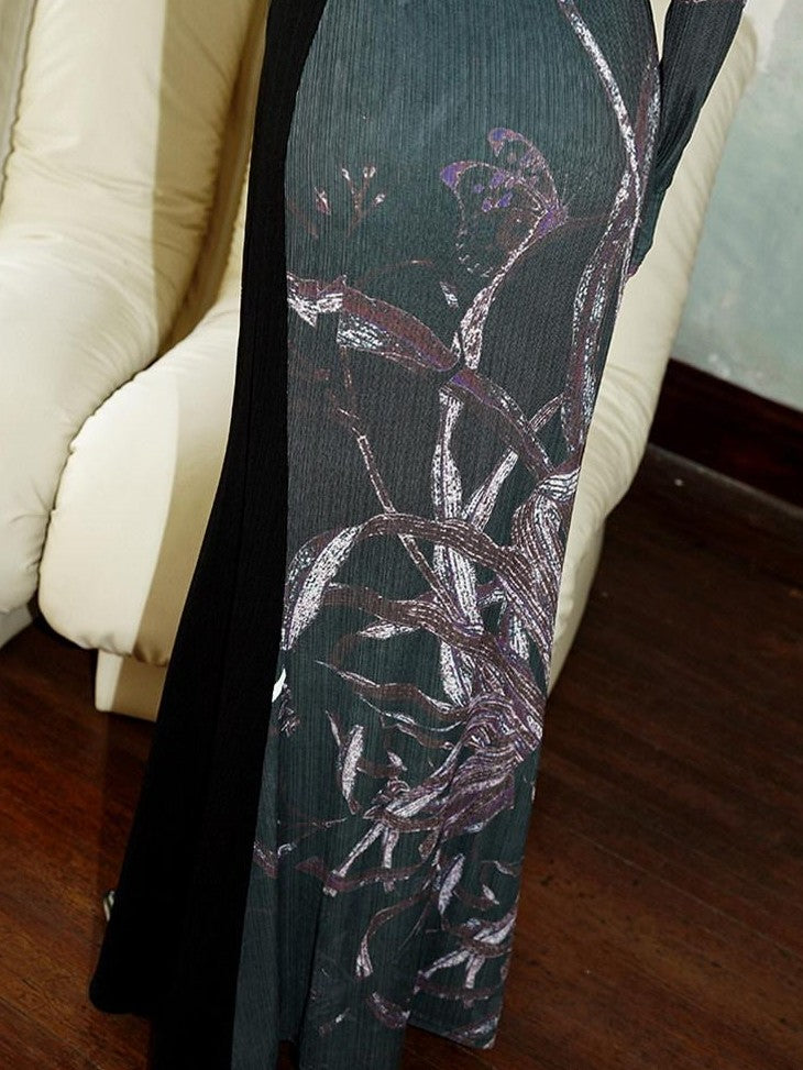 badtaste Black New Chinese Vintage Print Patchwork Women's Bodycon Maxi Dresses