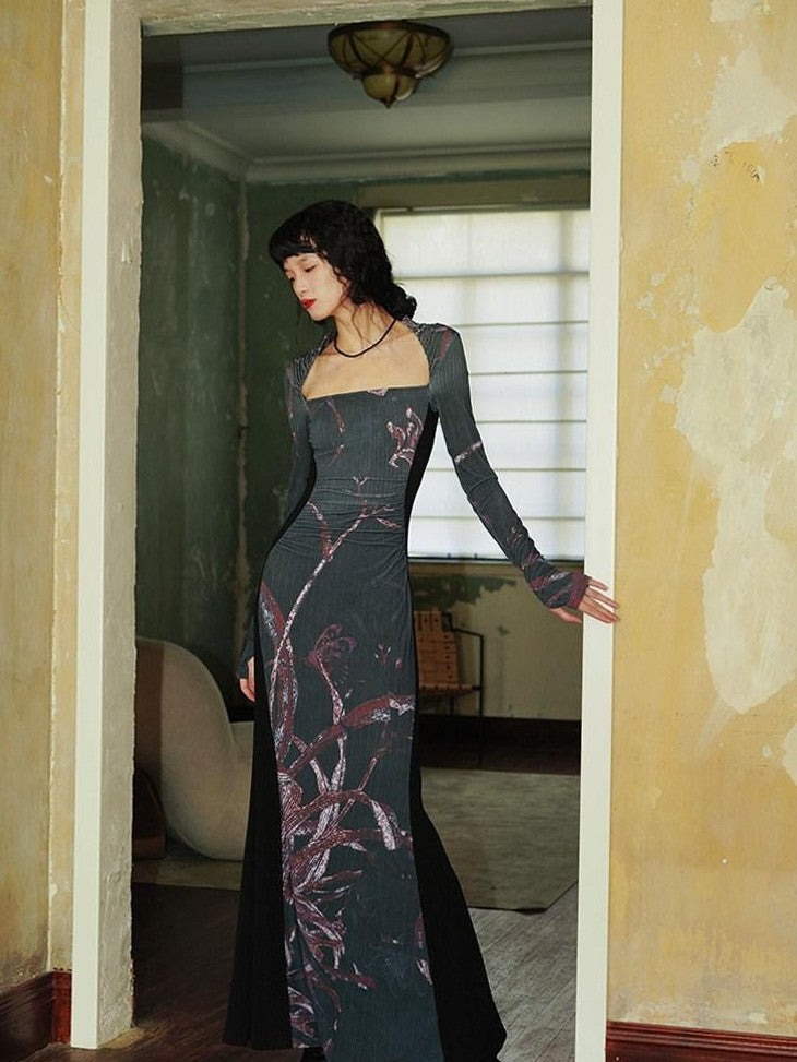 badtaste Black New Chinese Vintage Print Patchwork Women's Bodycon Maxi Dresses