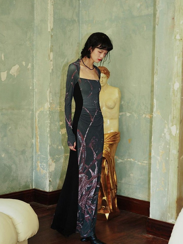 badtaste Black New Chinese Vintage Print Patchwork Women's Bodycon Maxi Dresses