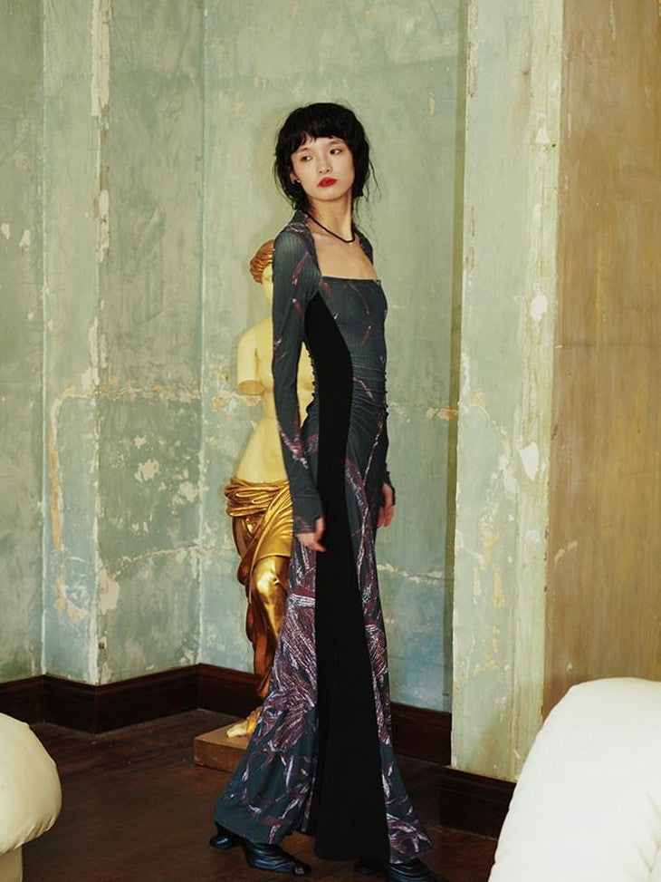 badtaste Black New Chinese Vintage Print Patchwork Women's Bodycon Maxi Dresses