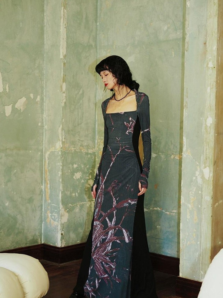 badtaste Black New Chinese Vintage Print Patchwork Women's Bodycon Maxi Dresses