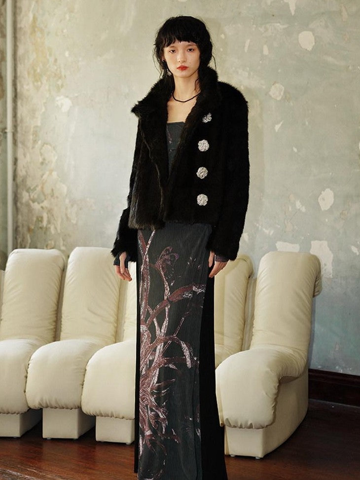 badtaste Black New Chinese Vintage Print Patchwork Women's Bodycon Maxi Dresses