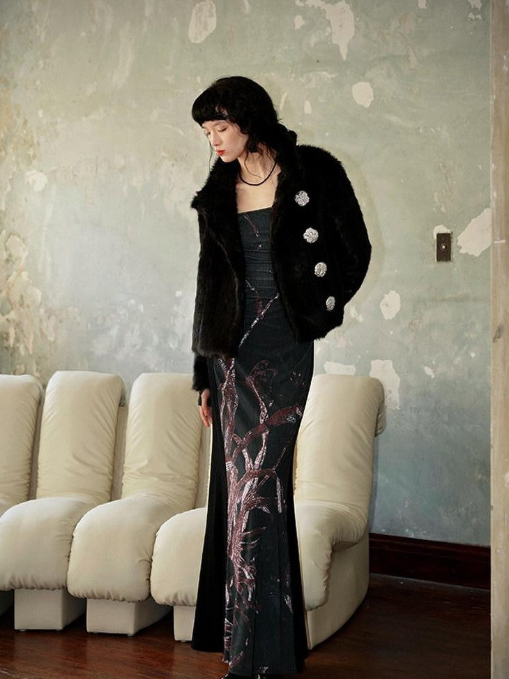 badtaste Black New Chinese Vintage Print Patchwork Women's Bodycon Maxi Dresses