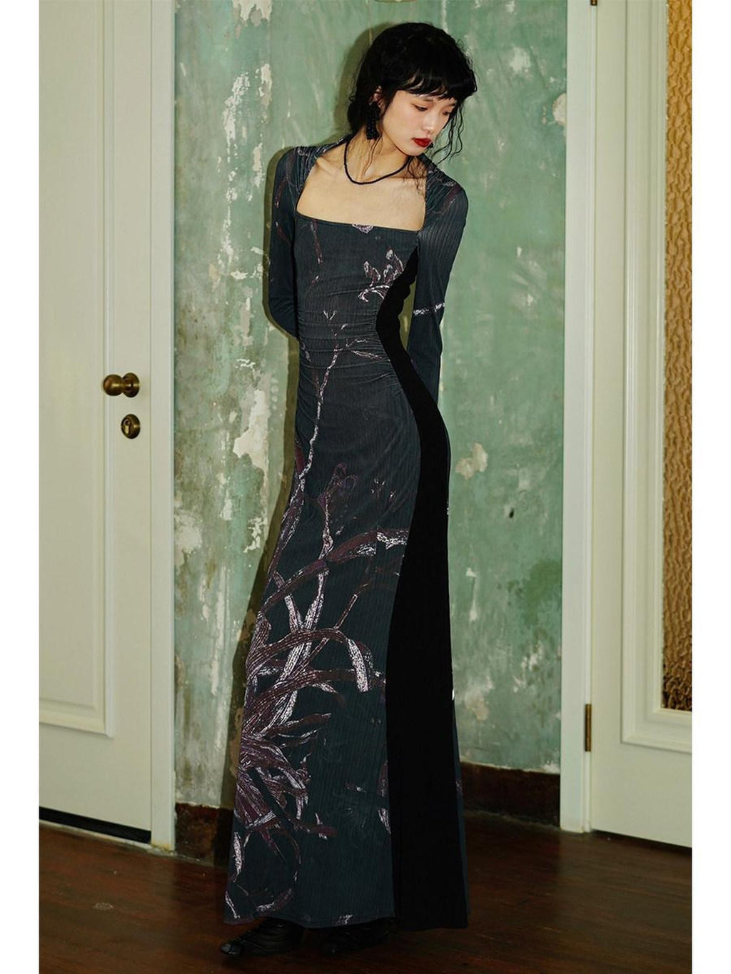 badtaste Black New Chinese Vintage Print Patchwork Women's Bodycon Maxi Dresses