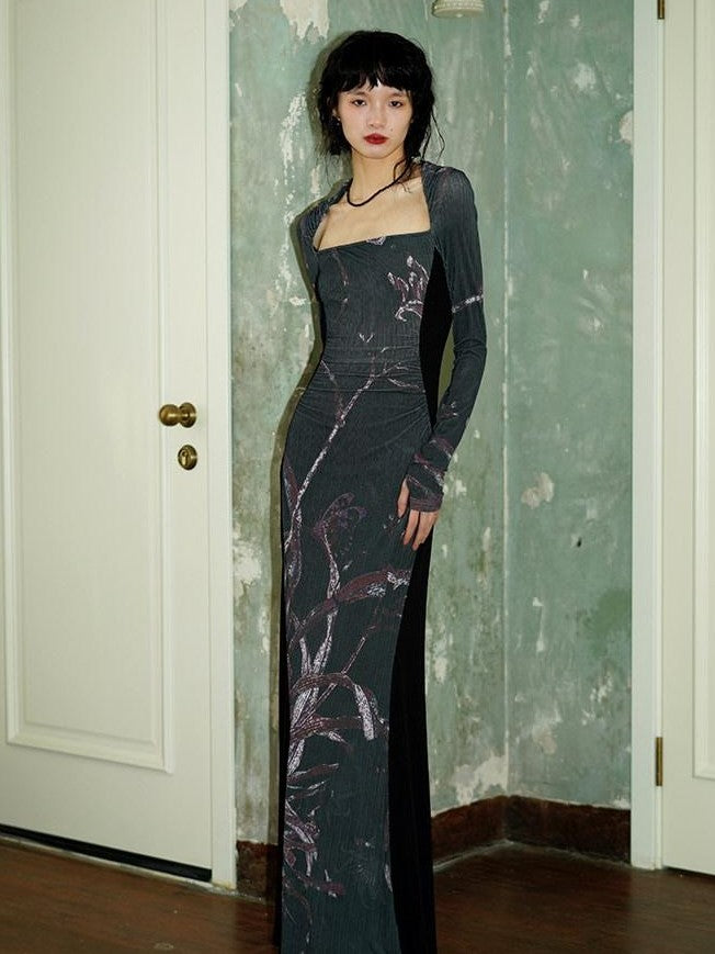 badtaste Black New Chinese Vintage Print Patchwork Women's Bodycon Maxi Dresses