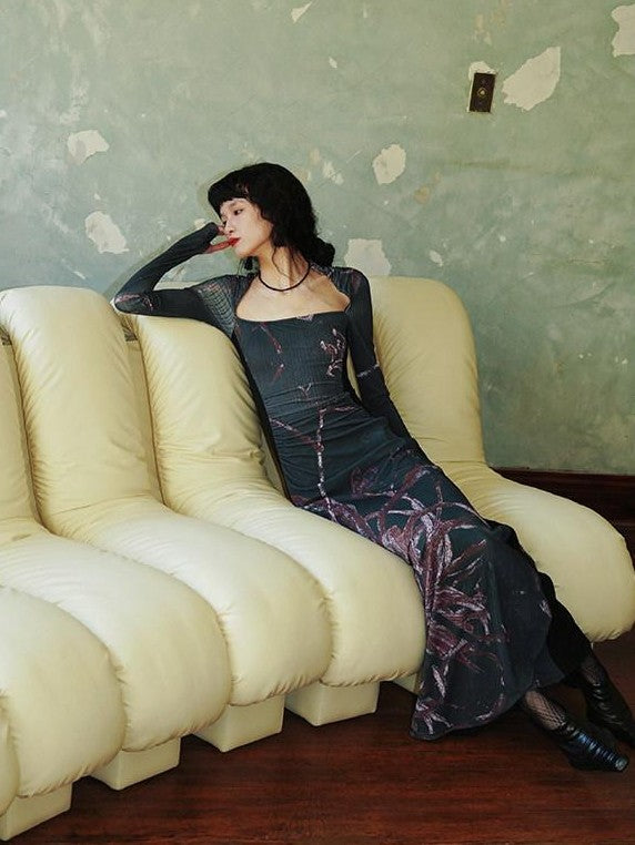 badtaste Black New Chinese Vintage Print Patchwork Women's Bodycon Maxi Dresses