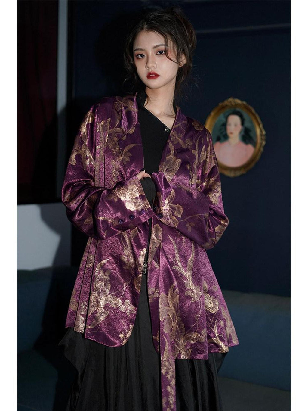 badtaste Black Purple White Western Printed Retro Lace Up Loose Fit Women's Blazers