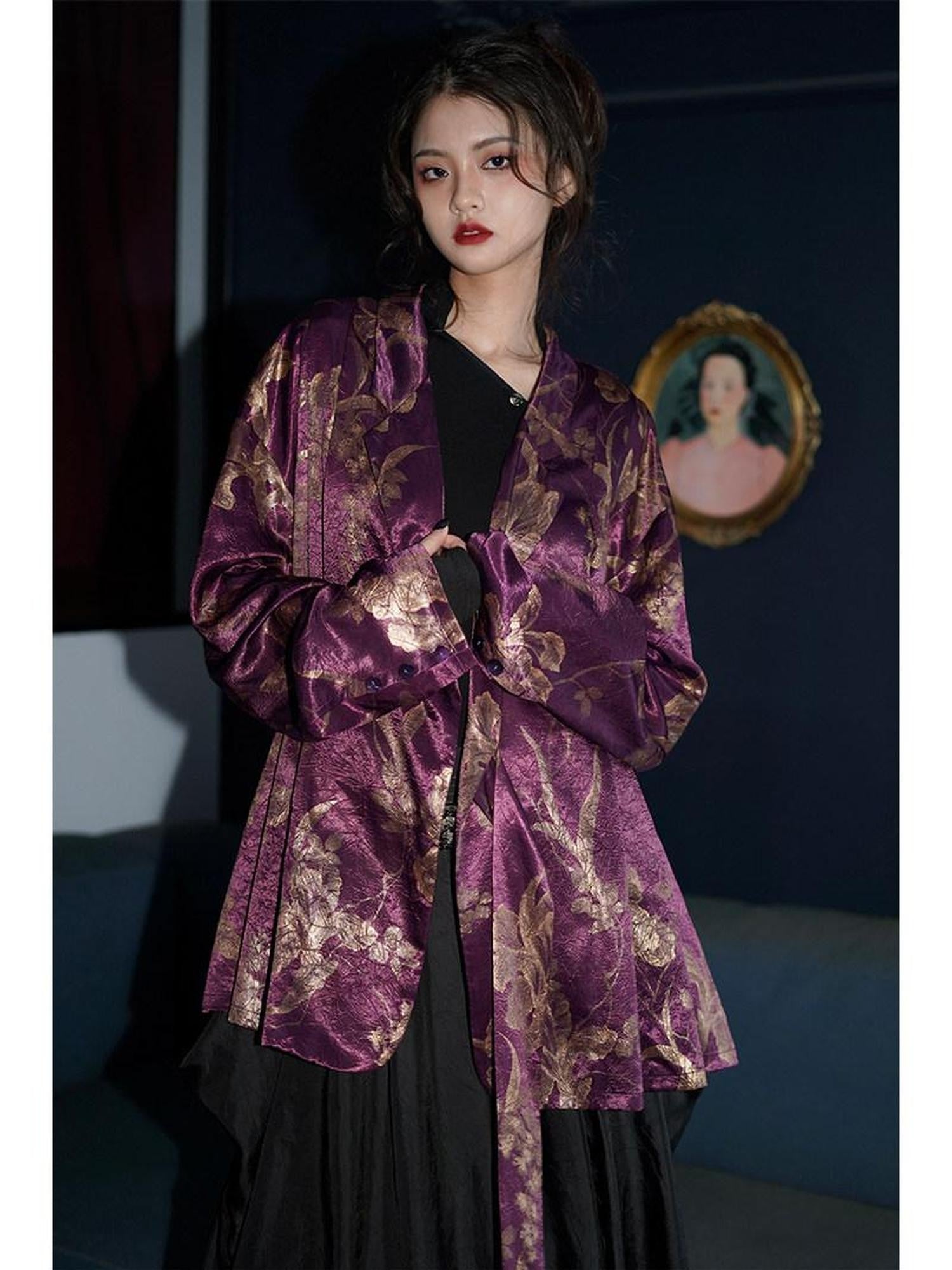 badtaste Black Purple White Western Printed Retro Lace Up Loose Fit Women's Blazers
