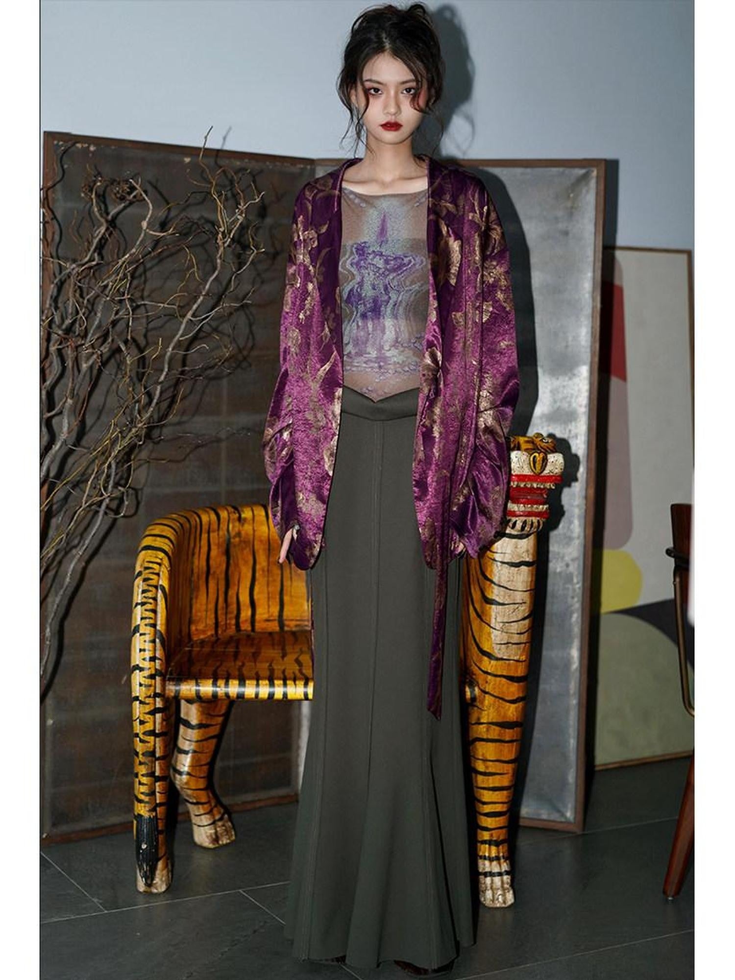 badtaste Black Purple White Western Printed Retro Lace Up Loose Fit Women's Blazers