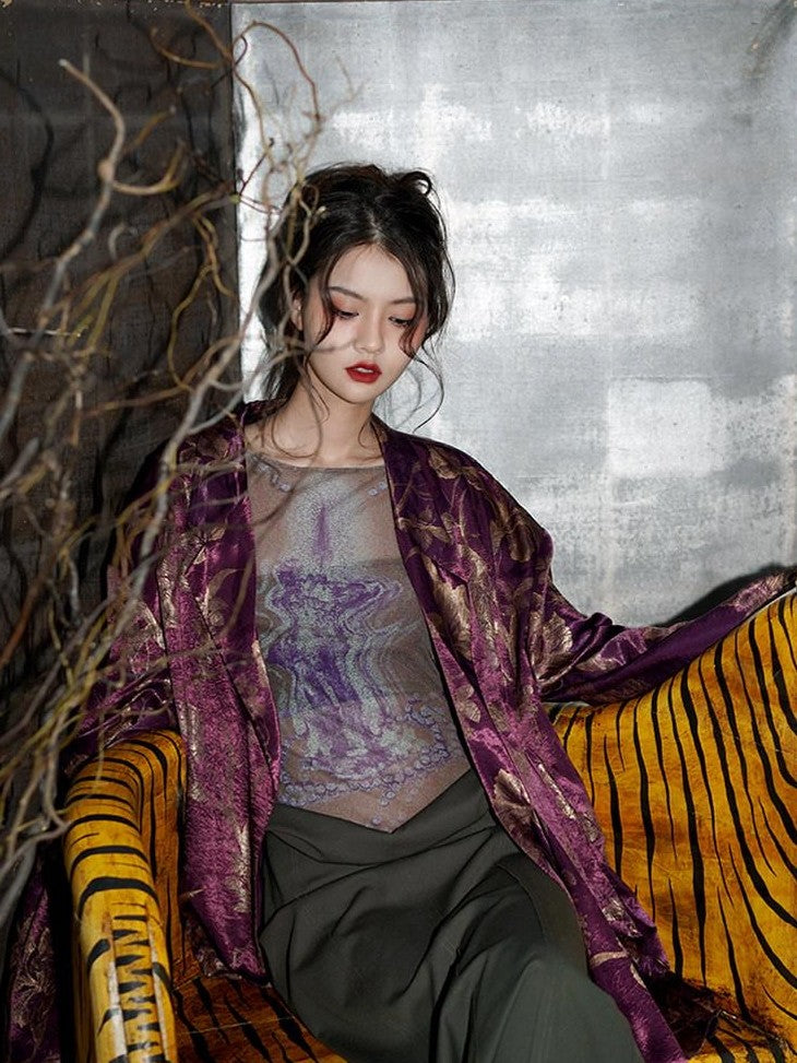 badtaste Black Purple White Western Printed Retro Lace Up Loose Fit Women's Blazers