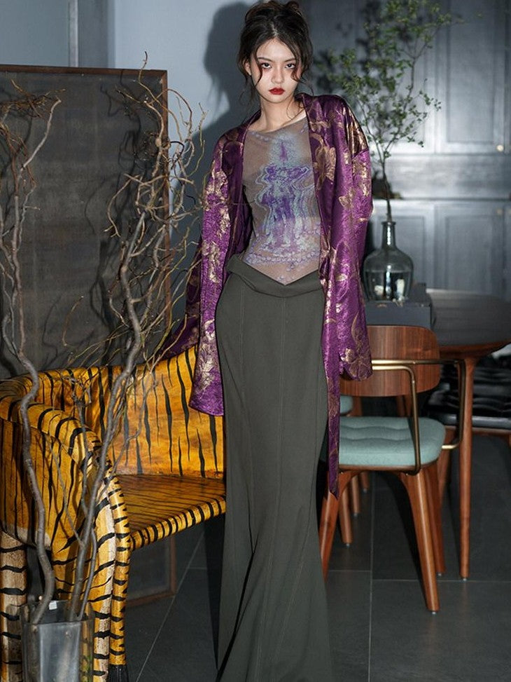 badtaste Black Purple White Western Printed Retro Lace Up Loose Fit Women's Blazers