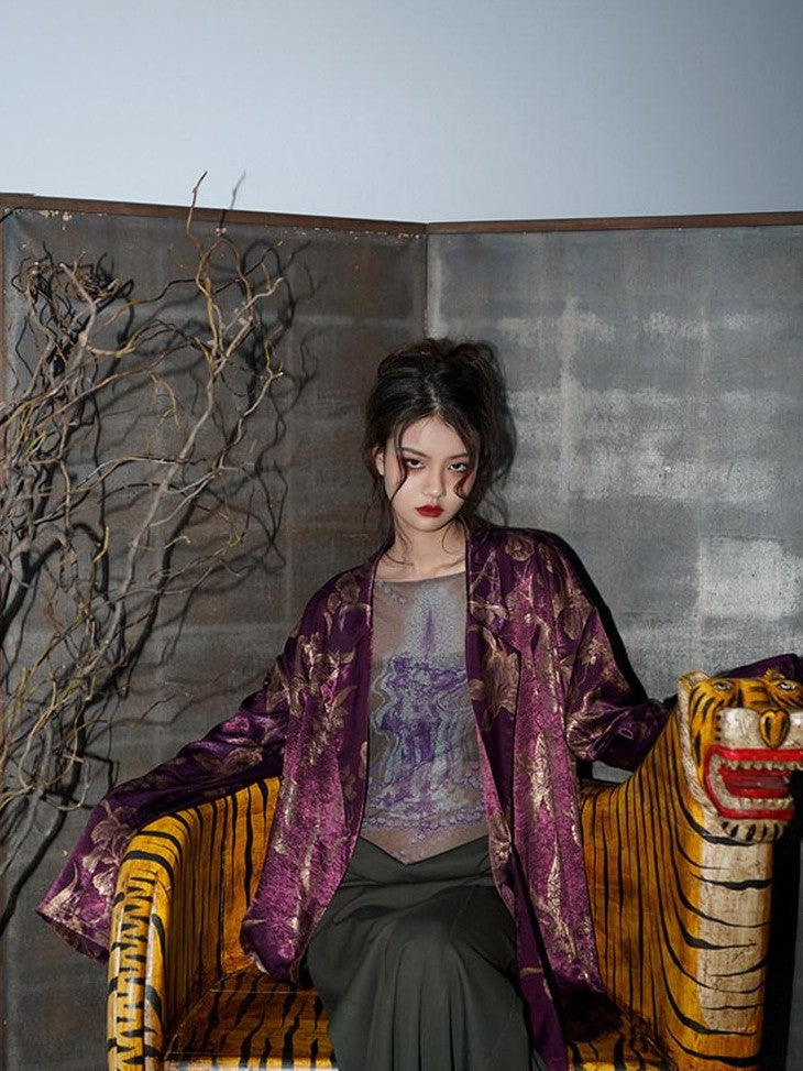 badtaste Black Purple White Western Printed Retro Lace Up Loose Fit Women's Blazers
