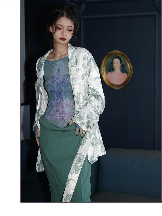 badtaste Black Purple White Western Printed Retro Lace Up Loose Fit Women's Blazers