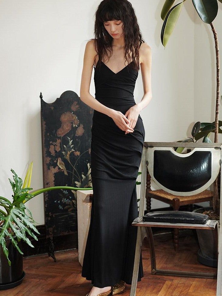 badtaste Black Ruched Slim Fit Mermaid Cami Women's Slip Maxi Dresses