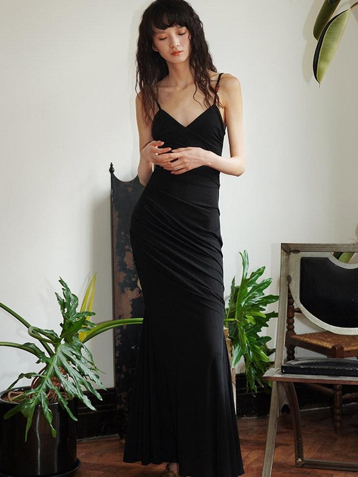 badtaste Black Ruched Slim Fit Mermaid Cami Women's Slip Maxi Dresses