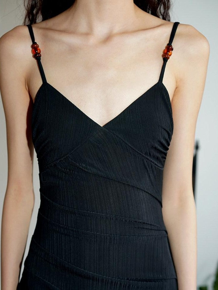 badtaste Black Ruched Slim Fit Mermaid Cami Women's Slip Maxi Dresses