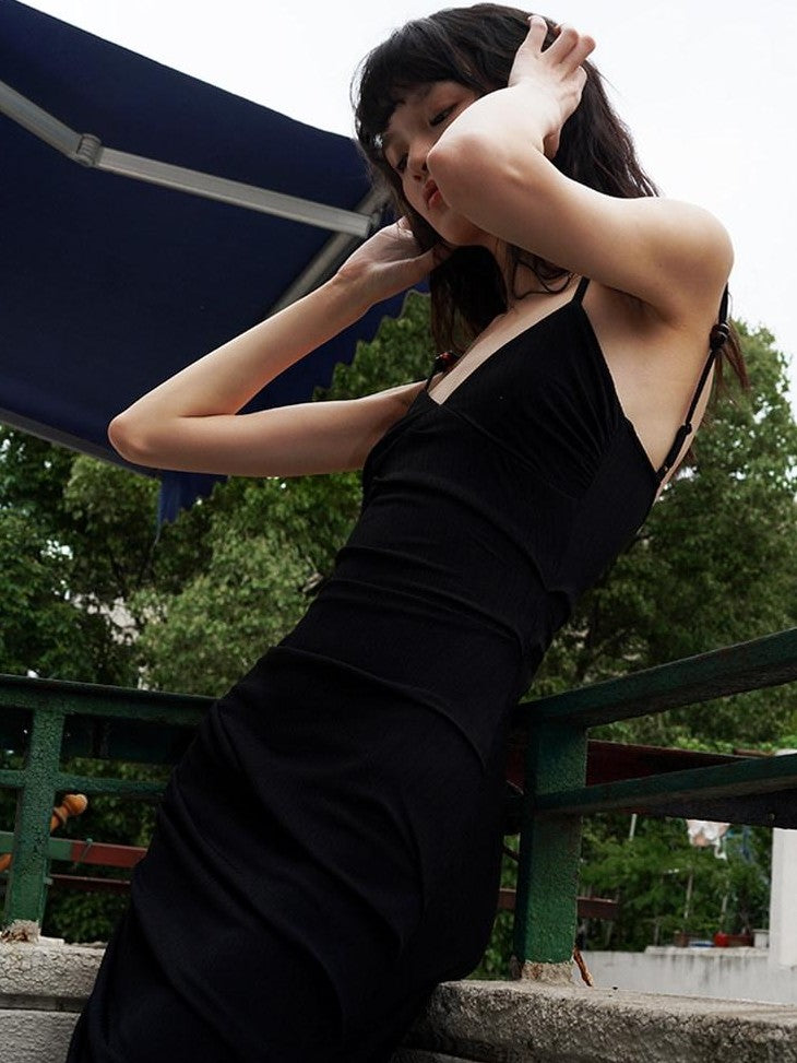 badtaste Black Ruched Slim Fit Mermaid Cami Women's Slip Maxi Dresses