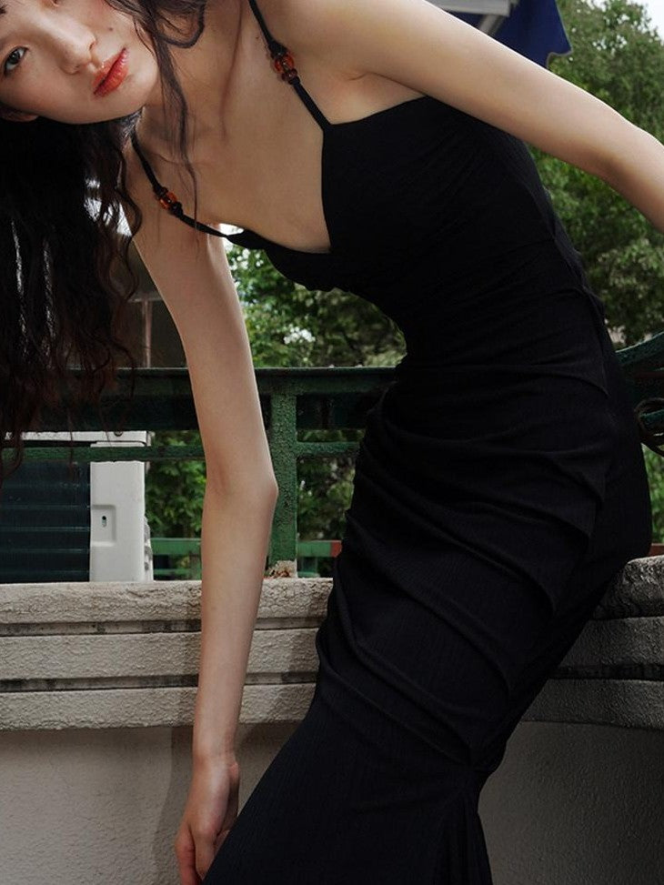 badtaste Black Ruched Slim Fit Mermaid Cami Women's Slip Maxi Dresses