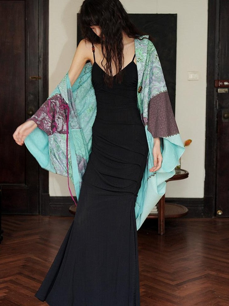 badtaste Black Ruched Slim Fit Mermaid Cami Women's Slip Maxi Dresses