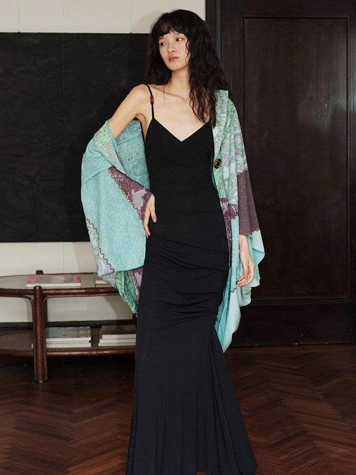 badtaste Black Ruched Slim Fit Mermaid Cami Women's Slip Maxi Dresses
