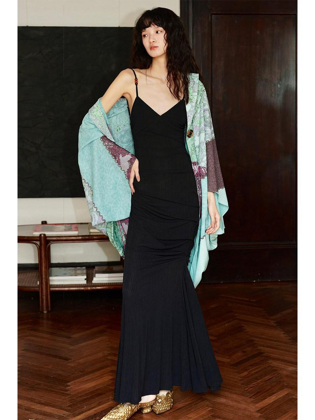 badtaste Black Ruched Slim Fit Mermaid Cami Women's Slip Maxi Dresses