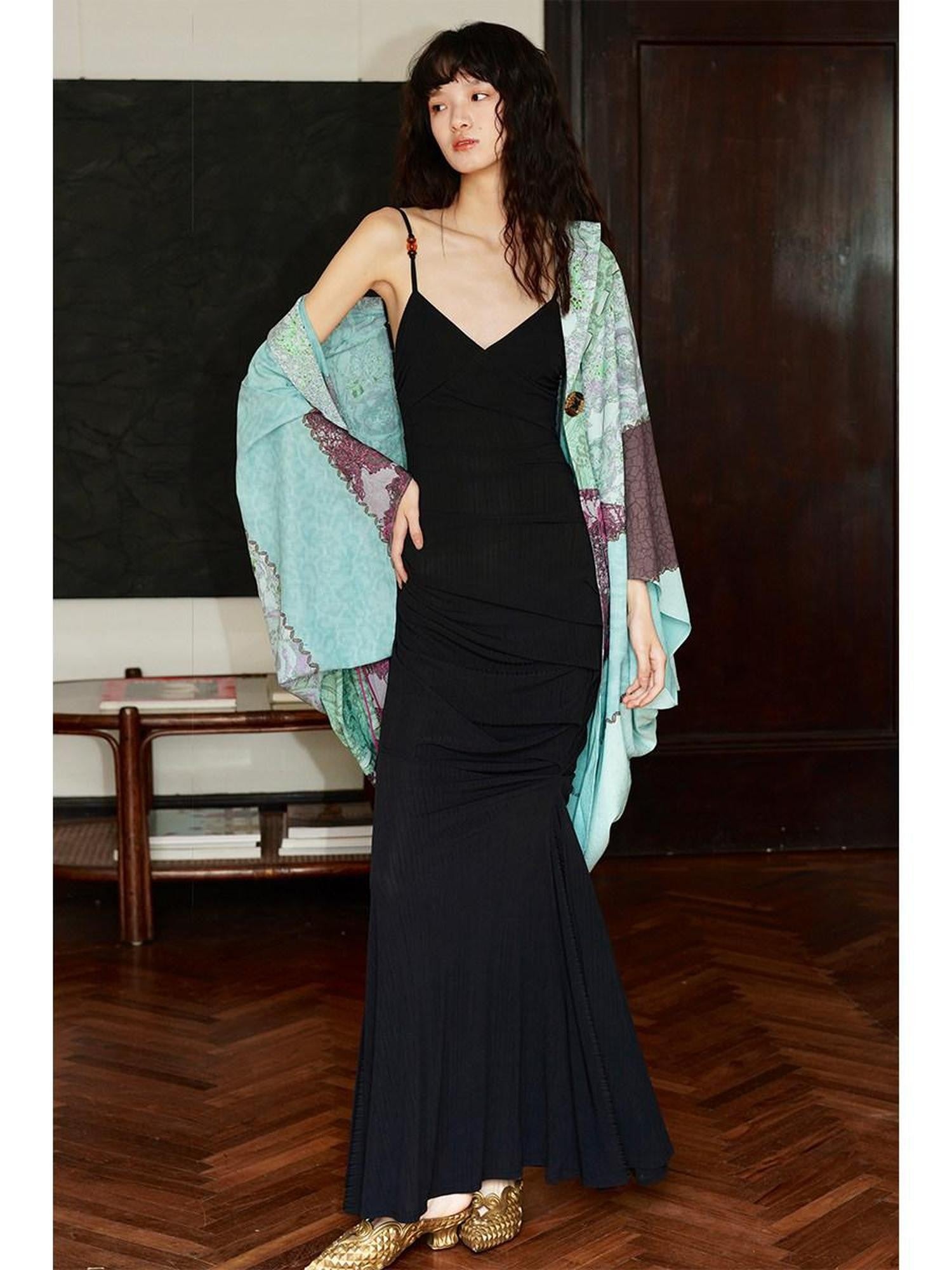 badtaste Black Ruched Slim Fit Mermaid Cami Women's Slip Maxi Dresses