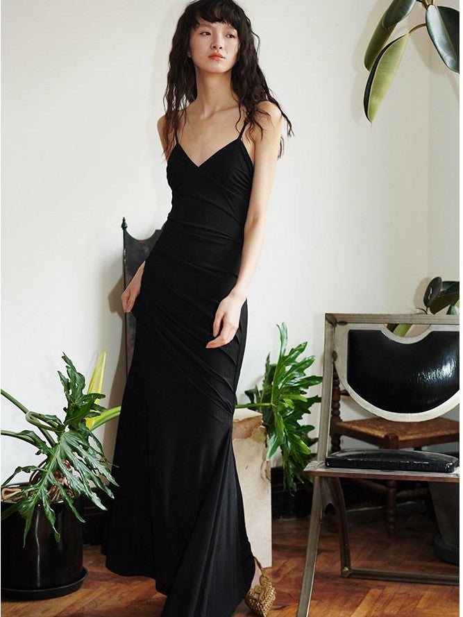 badtaste Black Ruched Slim Fit Mermaid Cami Women's Slip Maxi Dresses